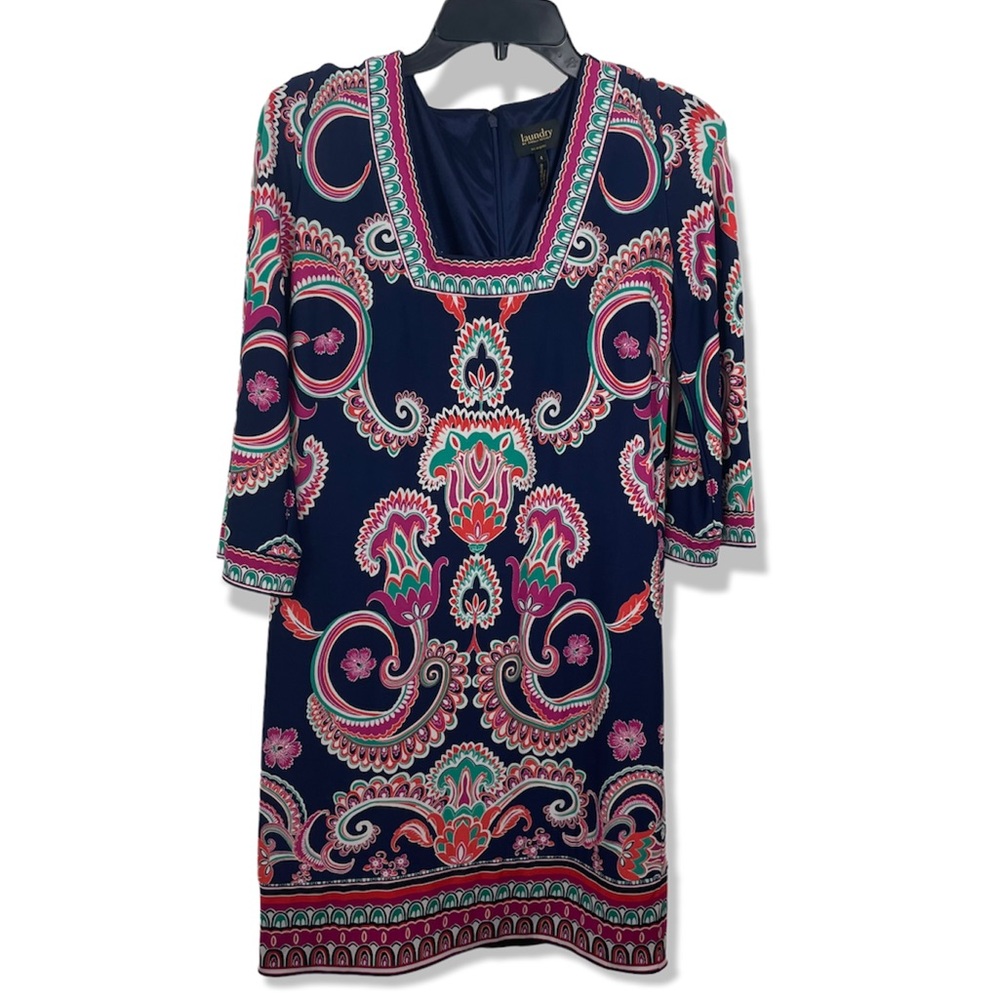Laundry By Shelli Segal Geometric Print Patterned Navy Blue 3/4 Sleeve NWT 4